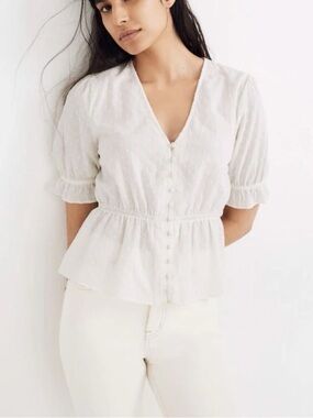 White Lightweight Button-Front Women's Top with Short Sleeves